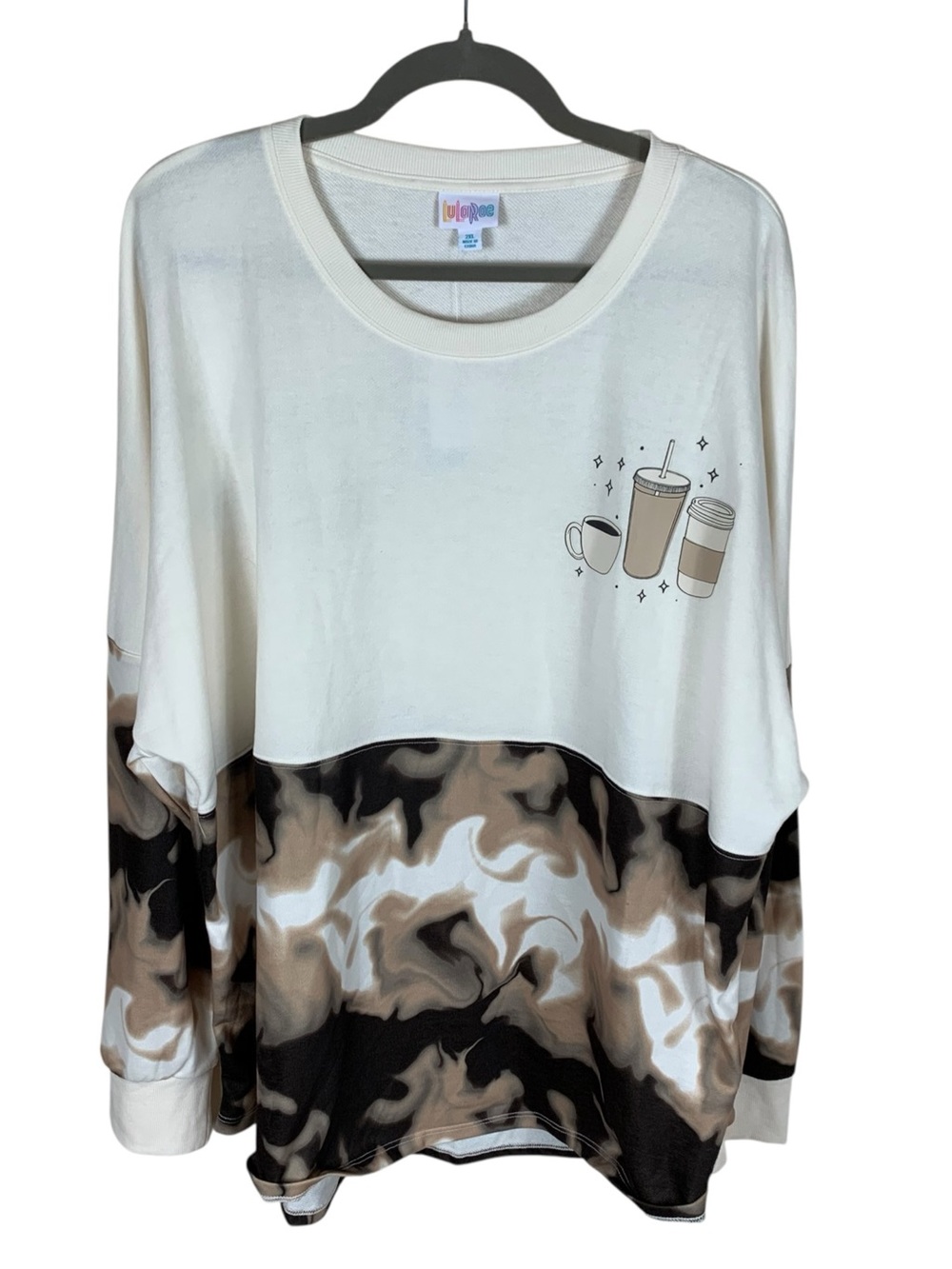 Women's LuLaRoe Cream Brown Coffee Graphic Supply Crewneck Sweatshirt Size 2XL